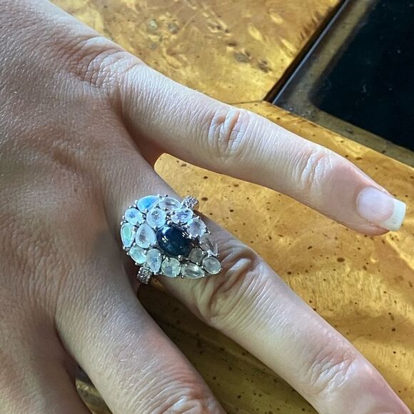 Blue Star Sapphire Rainbow Moonstone Sterling Silver Cocktail Ring Size 7 - Picture 4 of 9